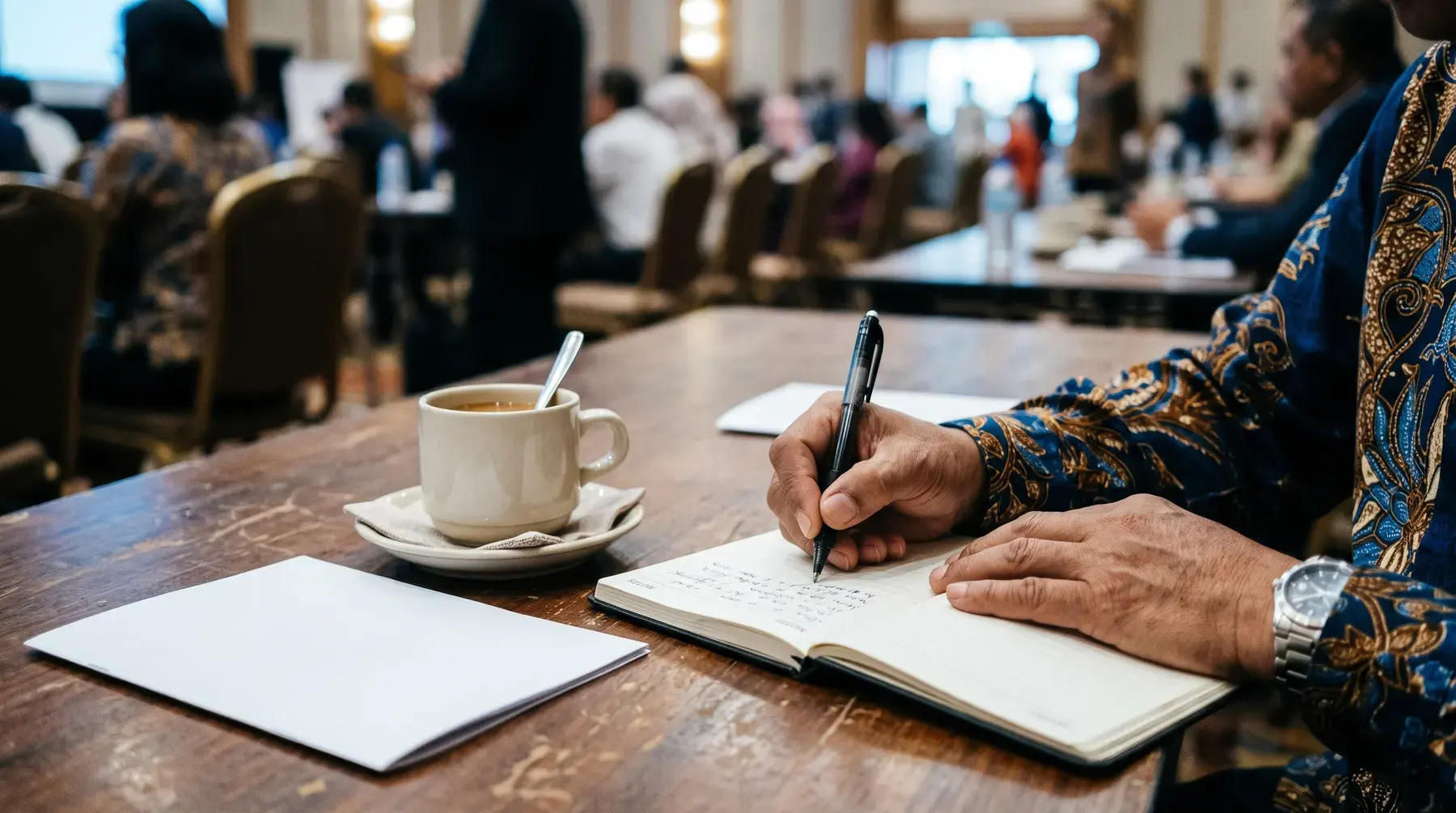 A delegate taking notes in a notebook at a conference table