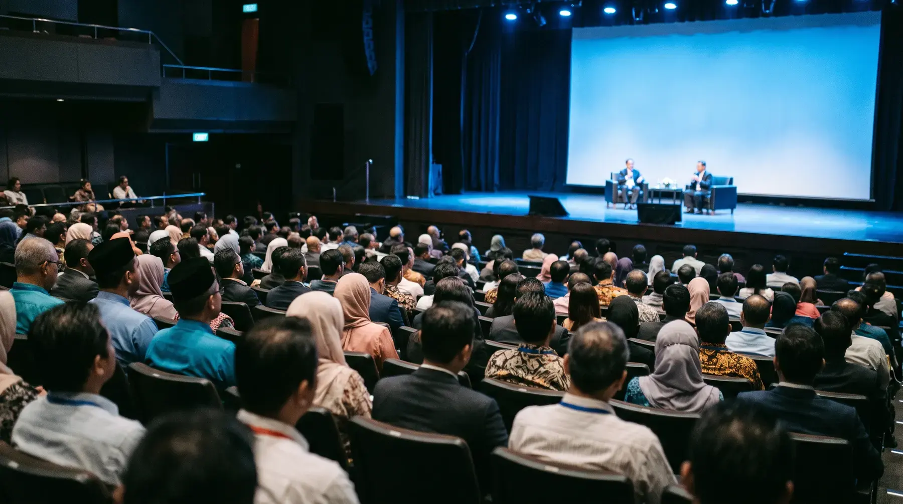 Delegates watching a two-person panel on stage at a leadership conference