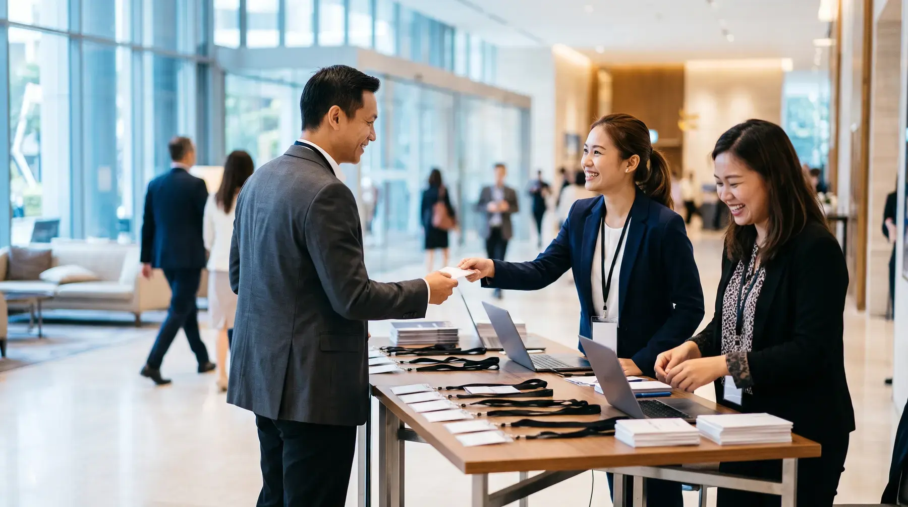 Staff welcoming a delegate at a conference registration desk