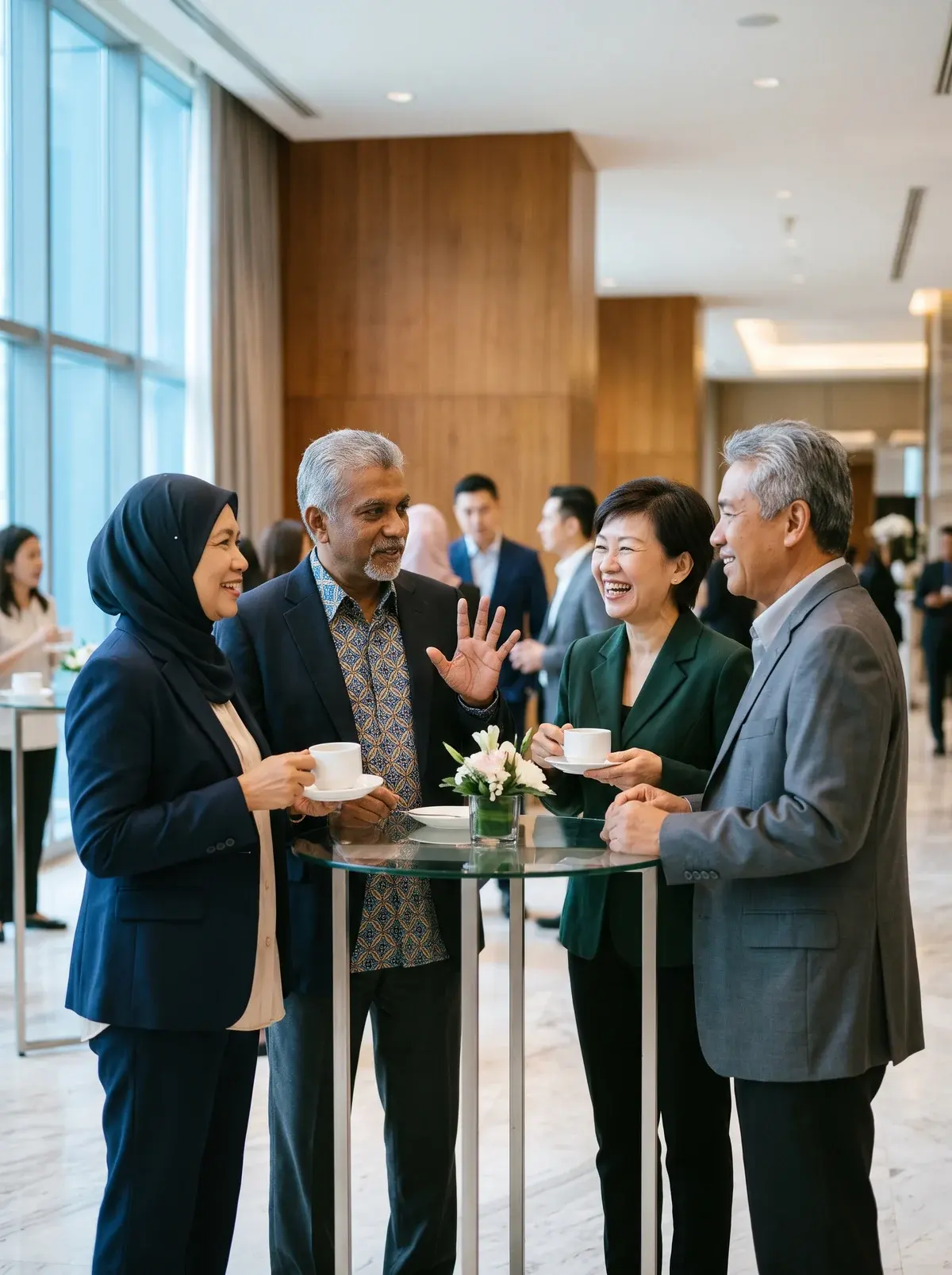 Four senior professionals chatting over coffee during a conference break