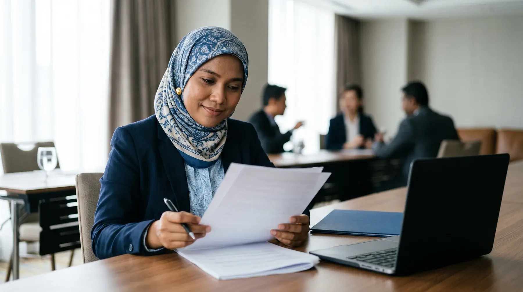 An HR manager reviewing paperwork at a meeting table