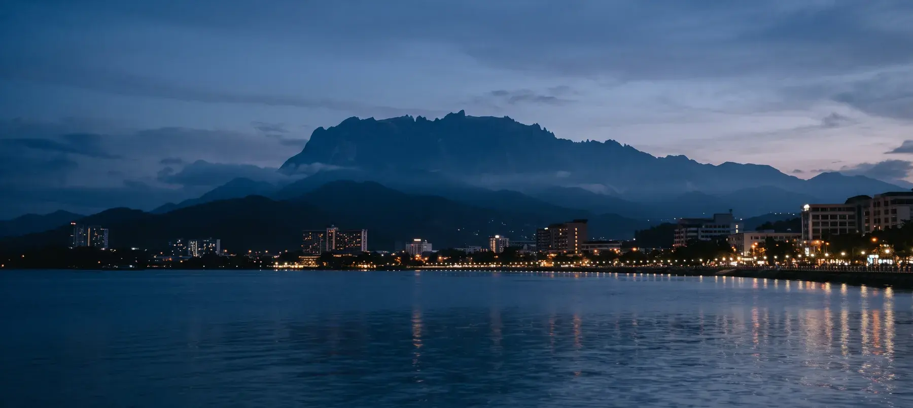 Kota Kinabalu waterfront at dusk with Mount Kinabalu rising behind the city