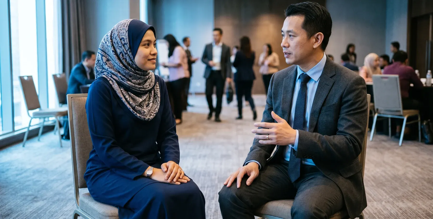 Two professionals in a focused one-to-one conversation at a leadership workshop